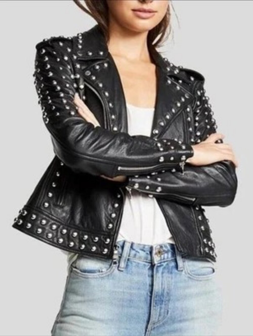 L'AGENCE Black Leather Studded Moto Jacket - Women XS